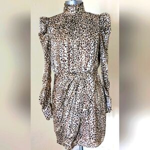 AQUA Puff Shoulder Mini Leopard Print Long Sleeve Dress Size M